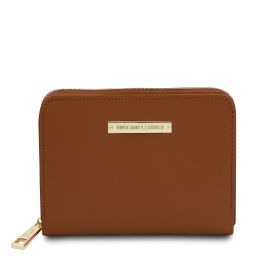 Leda Elegante Cartera en Piel con Cremallera en el Contorno Cognac TL142320