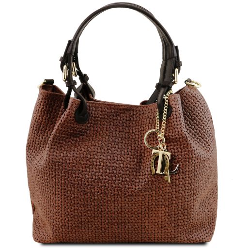 TL KeyLuck Кожаная сумка-шоппер с плетеным теснением Cinnamon TL141573