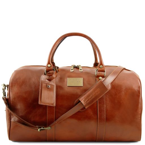 TL Voyager Travel Leather Duffle bag With Pocket on the Backside - Large Size Honey TL151101