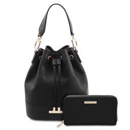 Maddalena Leather Bucket bag and Exclusive zip Around Leather Wallet Black TL142444