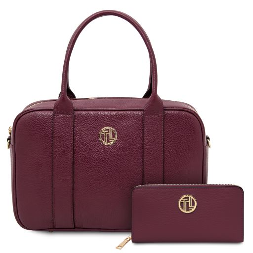Maiorca Bolso en Piel y Cartera en Piel con Cremallera en el Contorno Bordeaux TL142486