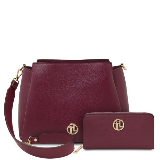 Creta Sac Bandoulière en Cuir et Portefeuille en Cuir Entièrement Zippée Bordeaux TL142487