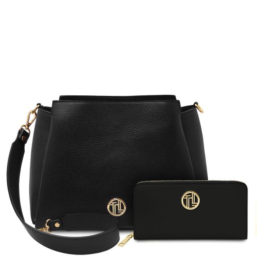 Creta Leather Shoulder bag and zip Around Leather Wallet Black TL142487
