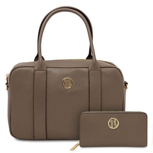 Maiorca Bolso en Piel y Cartera en Piel con Cremallera en el Contorno Marrón topo oscuro TL142486