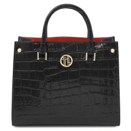 Croque Croc Print Leather Handbag Black TL142504