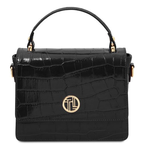 Croque Croc Print Leather Handbag Black TL142503