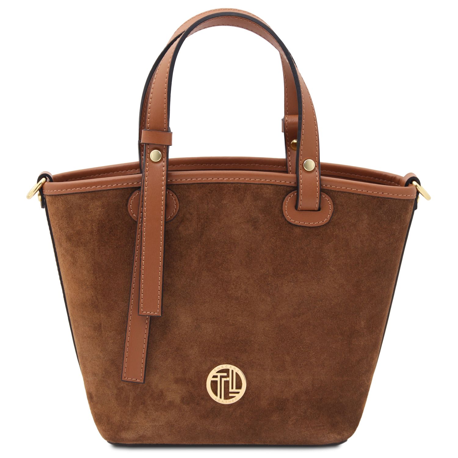 Borsa secchiello in pelle scamosciata Cognac