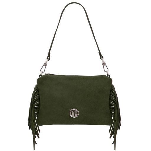 Nomade Pochette in Pelle Scamosciata con Frange Verde Foresta TL142495