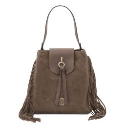 Nomade Sac à épaule en Cuir Daim et Franges Taupe foncé TL142512