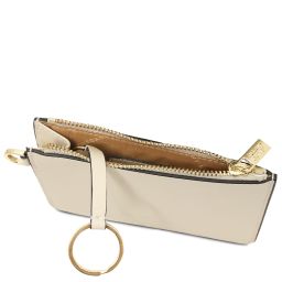 Leather Card Holder With Handle Beige TL142544