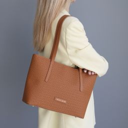 Dedalo Leder-Shopper mit Flechtprägung Pastell Gelb TL142578