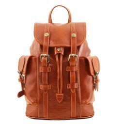 Nara Exklusiver Rucksack aus Leder mit Reissverschluss-Seitentaschen Honig TL141661