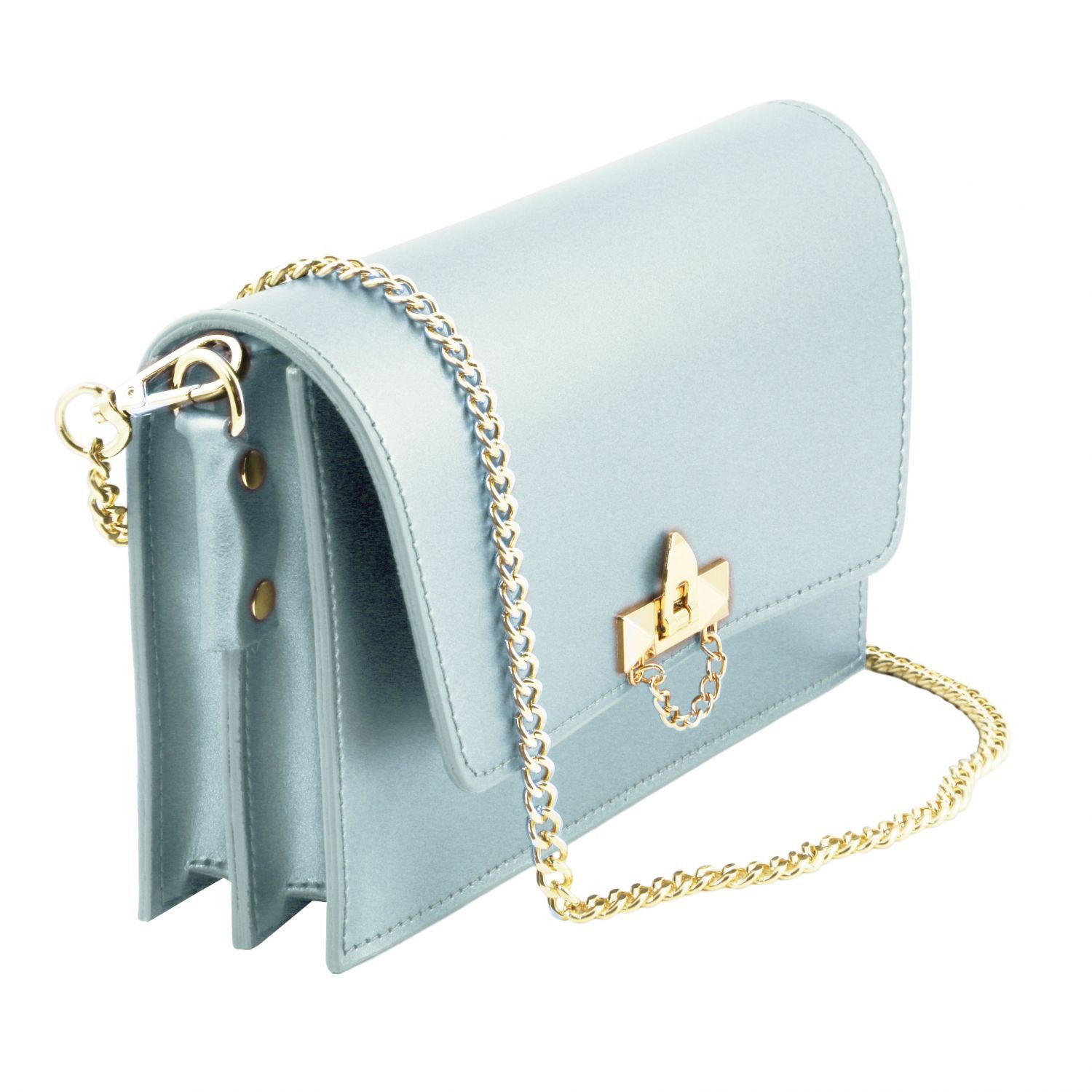 TL Bag Metallic Leather Clutch With Chain Strap Light Blue TL141654