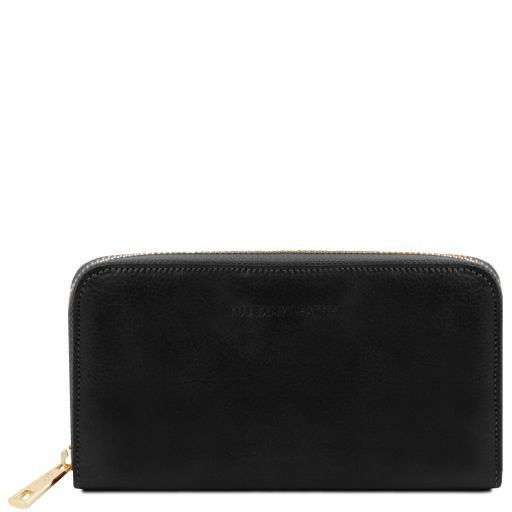 Esclusivo Portafoglio da Donna con zip su 3 Lati e Soffietti in Pelle Nero TL141206