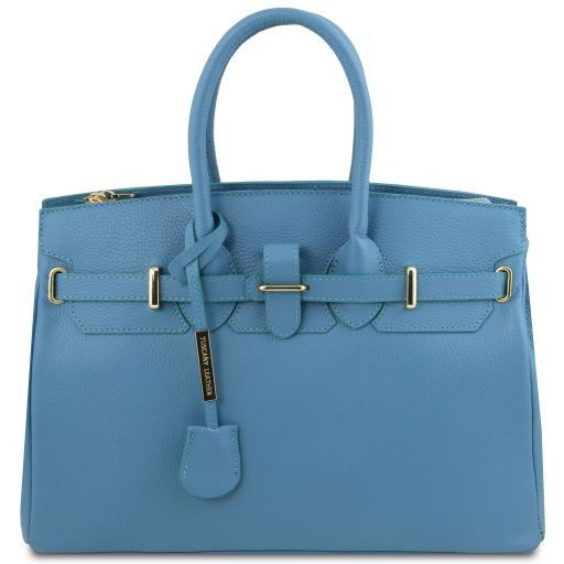 light blue leather handbag