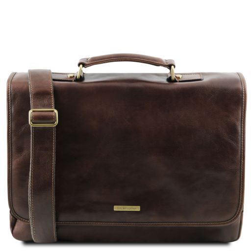 Mantova Leather multi compartment TL SMART briefcase with flap - Dark Brown