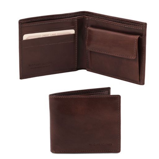 Elégant Portefeuille en Cuir Pour Homme Avec 2 Volets et Porte Monnaie Marron foncé TL140761