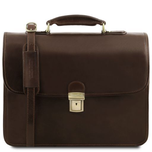 Vernazza Leather briefcase with Laptop compartment 3 compartments Dark Brown TL141354