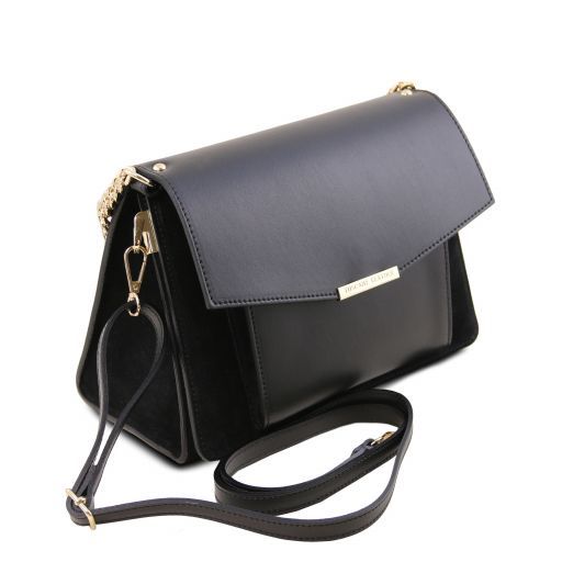 black leather handbag with chain strap