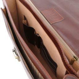 Napoli 2 compartments leather briefcase with front pocket Dark Brown TL141348