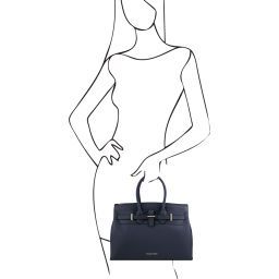Elettra Sac à main pour femme en cuir avec finitions couleur or Bleu foncé TL141548
