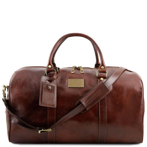 TL Voyager Travel Leather Duffle bag With Pocket on the Backside - Large Size Brown TL141247