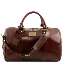 TL Voyager Travel leather duffle bag with pocket on the back side - Small size Brown TL141250