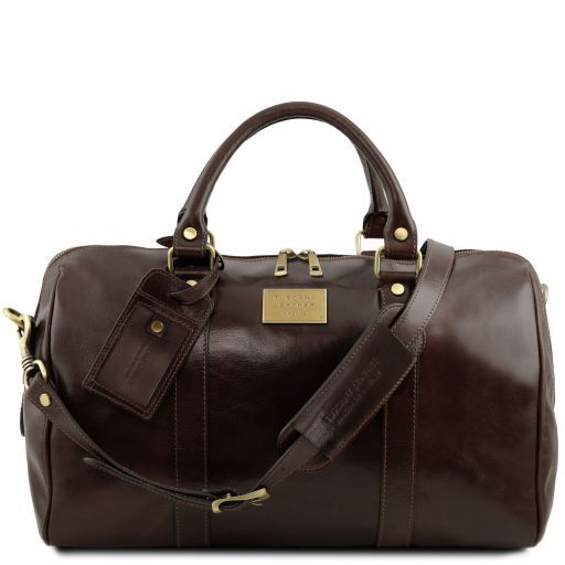 TL Voyager Дорожная кожаная сумка-даффл с карманом сзади - Малый размер Темно-коричневый TL141250