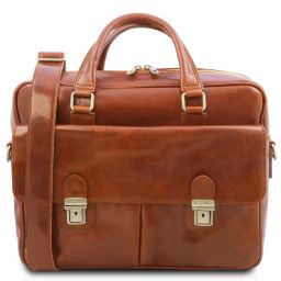 San Miniato Leather multi compartment laptop briefcase with two front pockets Honey TL142026