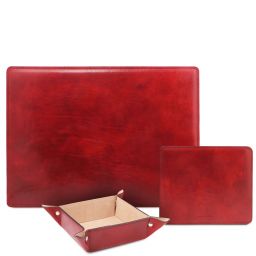 Premium Office Set Schreibtischunterlage, Mauspad und Schale aus Leder Rot TL142088
