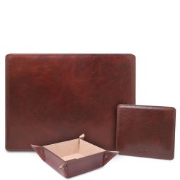 Premium Office Set Leather desk pad with inner compartment, mouse pad and valet tray Brown TL142162