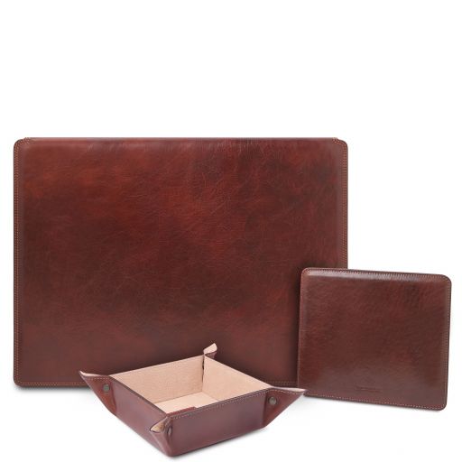 Premium Office Set Sottomano da Scrivania con Ribalta, Tappetino per Mouse e Vuotatasche in Pelle Marrone TL142162