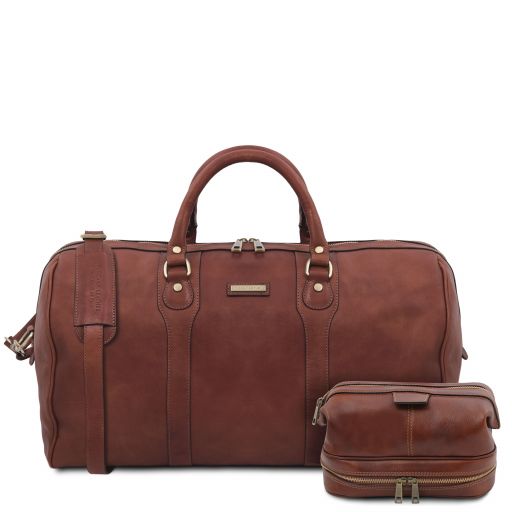 Colombo Weekend Reisetasche aus Leder und Reise Kulturtasche aus Leder Braun TL142235