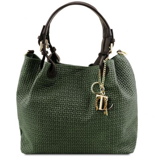 TL KeyLuck Кожаная сумка-шоппер с плетеным теснением Forest Green TL141573
