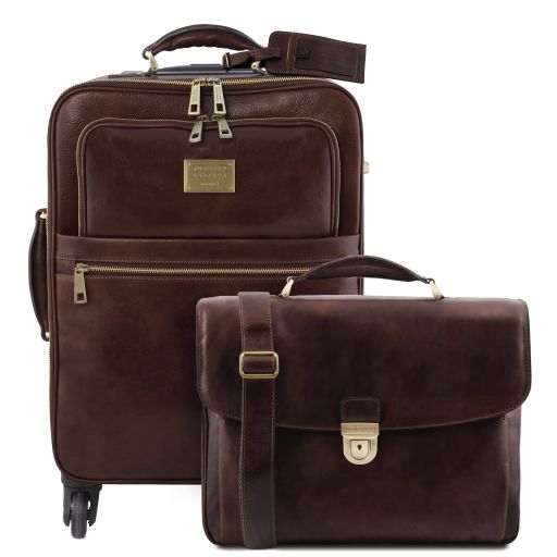 Business 4 Wheels Leather Trolley and Leather TL SMART Laptop Briefcase Dark Brown TL142271