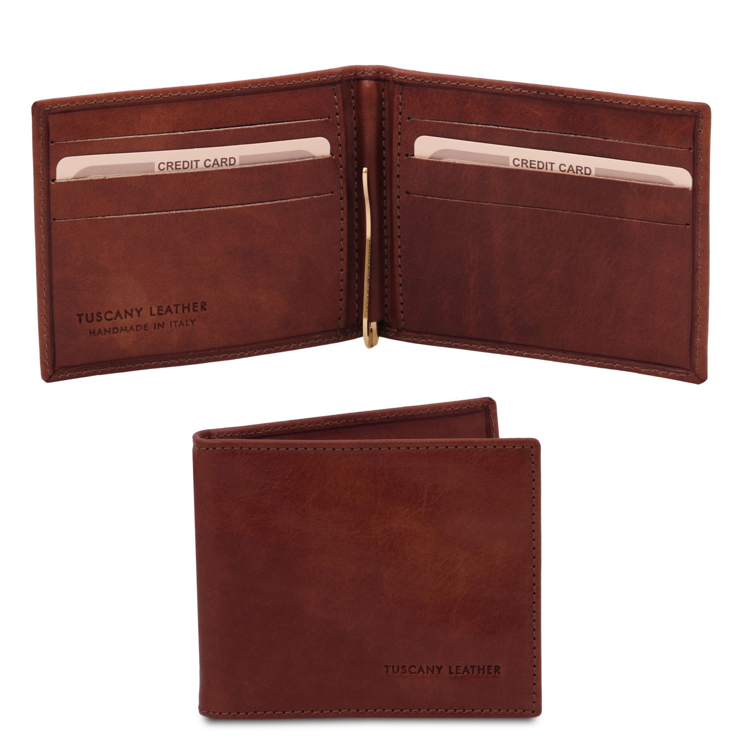 Exclusive leather card holder with money clip - Brown